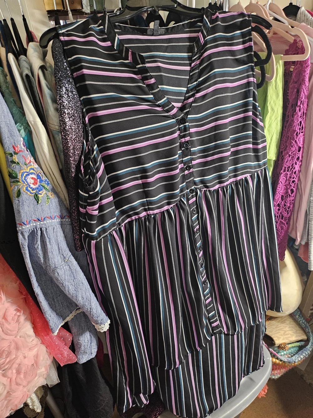 torrid Black Striped Top with Pink & Teal Accents